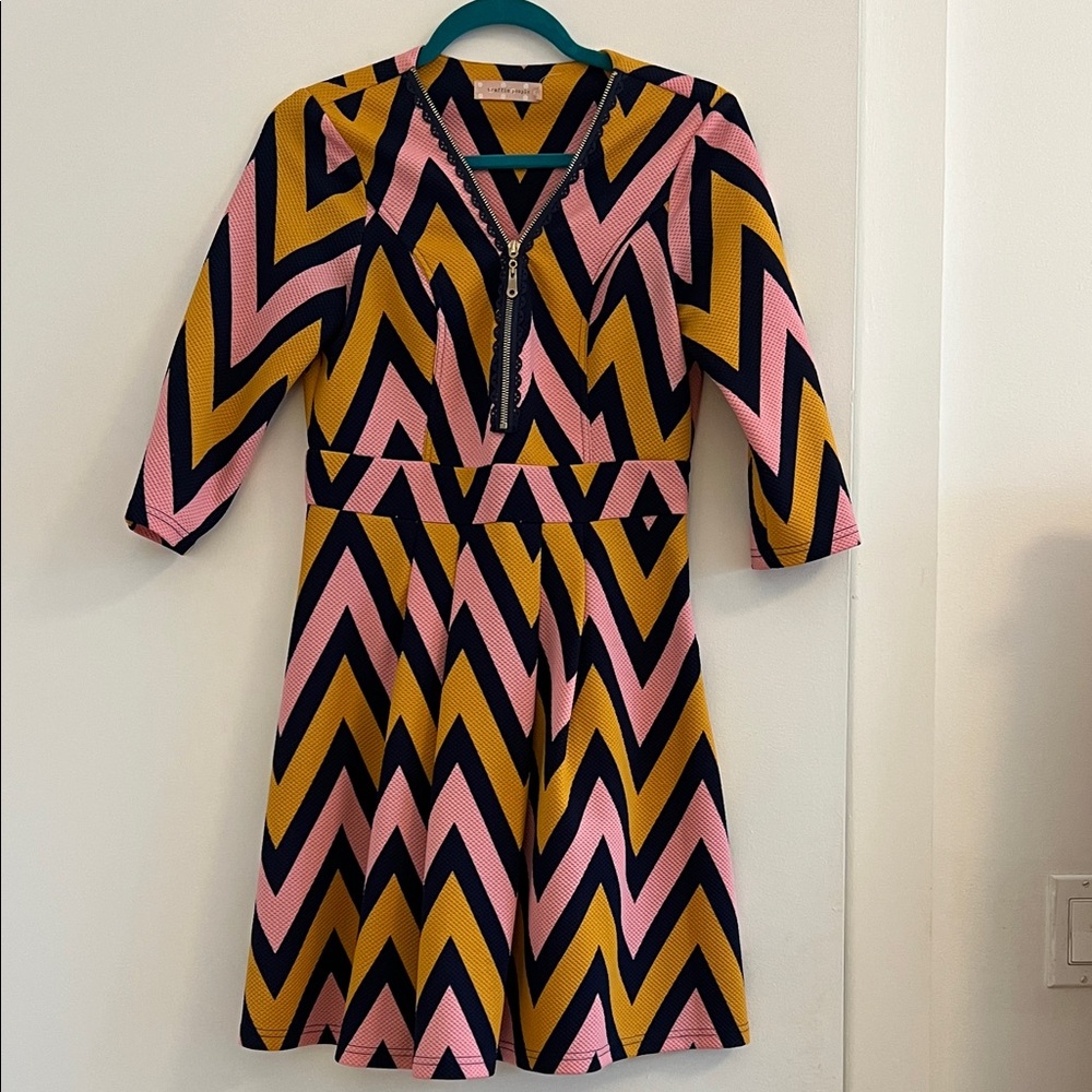 Traffic People Pink and Yellow Zigzag Midi Dress retro
